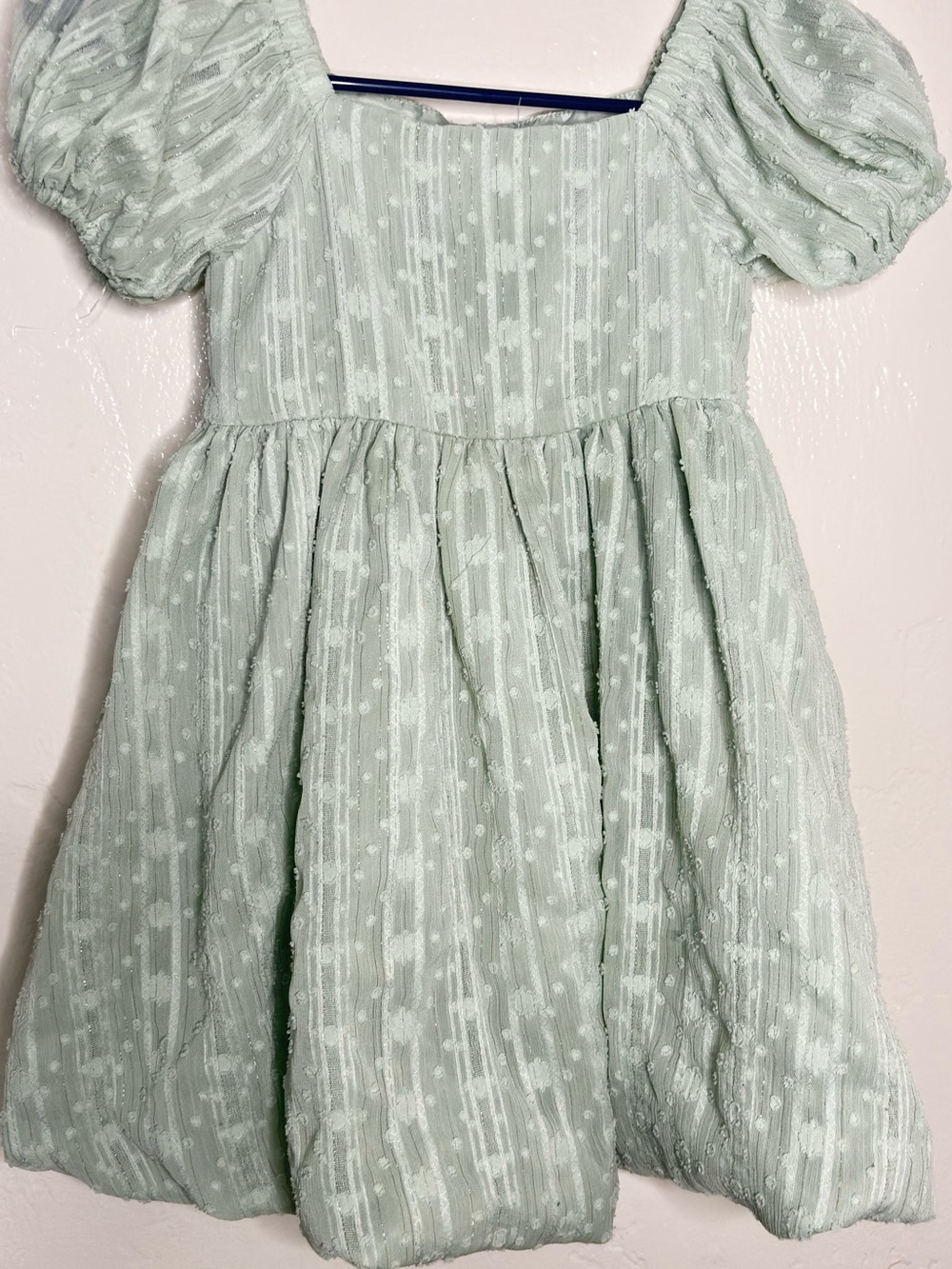 Girls' Mint Puff-Sleeve Textured Party Dress